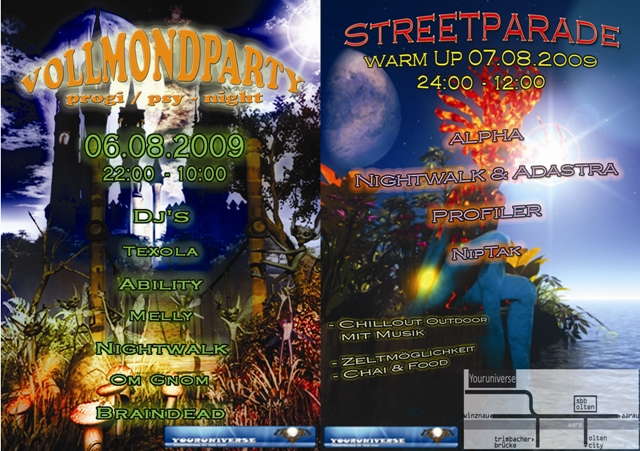 Party Flyer Fullmoon@Youniverse & Warm Up Street Parade 6 Aug '09, 22:00