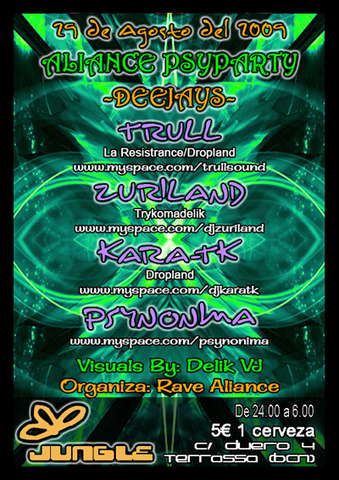 Party Flyer Aliance Psyparty@sala Jungle by Rave Aliance 29 Aug '09, 23:30