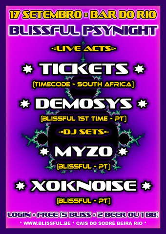 Party Flyer BLISSFUL TICKETS LIVE @ BAR DO RIO 17 Sep '09, 22:00