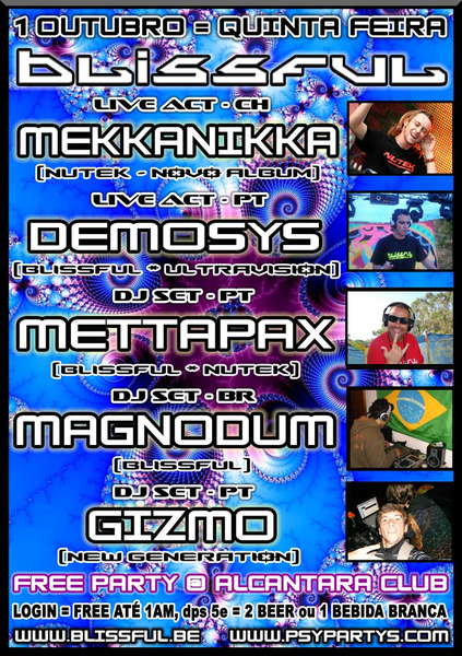 Party Flyer BLISSFUL FREE PARTY = MEKKANIKKA LIVE @ ALCANTARA CLUB 1 Oct '09, 22:00