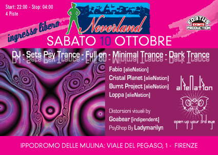 Party Flyer .NEVERLAND.una notte nell’isola che non c’è!!! 4 dancefloors 10 Oct '09, 22:00