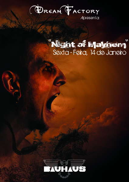Party Flyer DREAM FACTORY apresenta: NIGHT OF MAYHEM @ Discoteca Bauhaus 14 Jan '11, 23:30