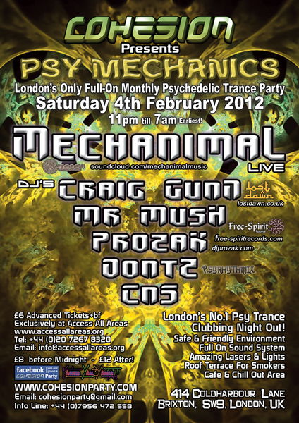 Party Flyer Cohesion Presents: Psy Mechanics 4 Feb '12, 23:00