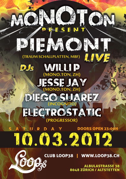 Party Flyer Mono.Ton -- PIEMONT live @ Zürich 10 Mar '12, 23:00