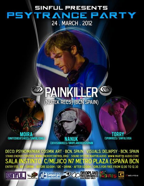 Party Flyer SINFUL PRESENTS... PAINKILLER / NANUK / TORRY / MOIRA 24 Mar '12, 23:30