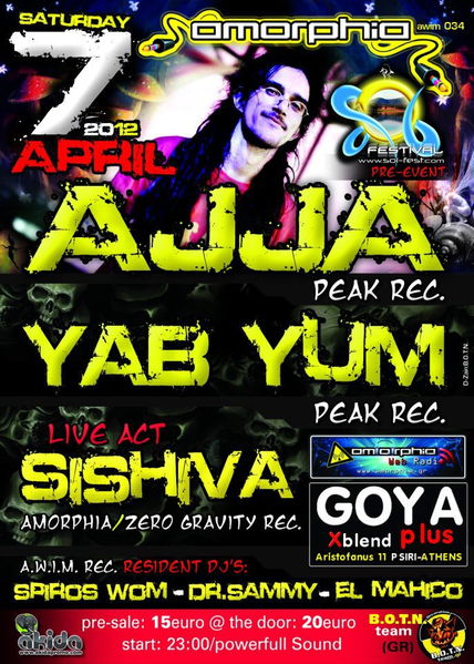 Party Flyer AMORPHIA Presents: SOL FESTIVAL PRE EVENT: AJJA & SHISHIVA 7 Apr '12, 23:00
