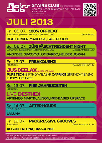 Party Flyer Progressive Grooves @ Stairs Club Zürich 19 Jul '13, 23:00