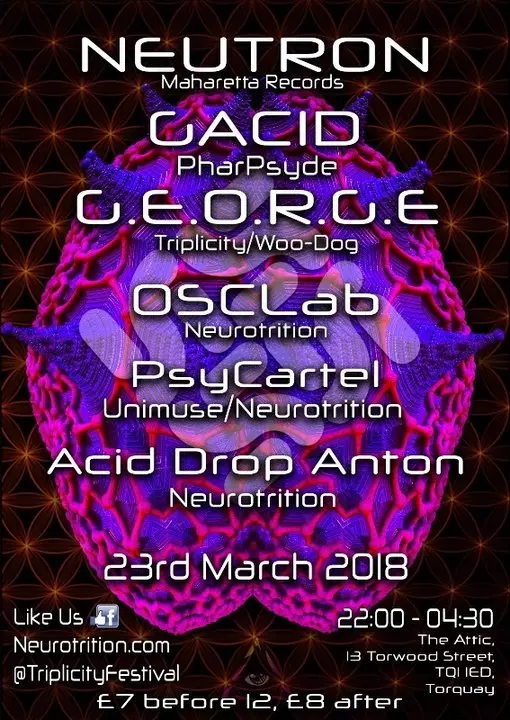 Neurotrition Psytrance Presents:Triplicity Festival Promo Party · 23 Mar  2018 · Torquay (United Kingdom) · goabase ॐ parties and people