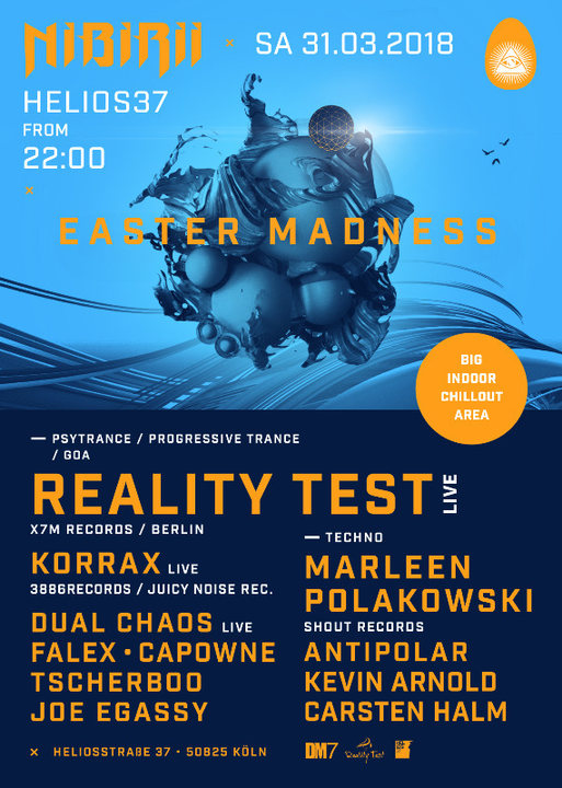 Party Flyer Nibirii Easter w Reality Test, Marleen Polakowski (Goa x Techno) 31 Mar '18, 15:00