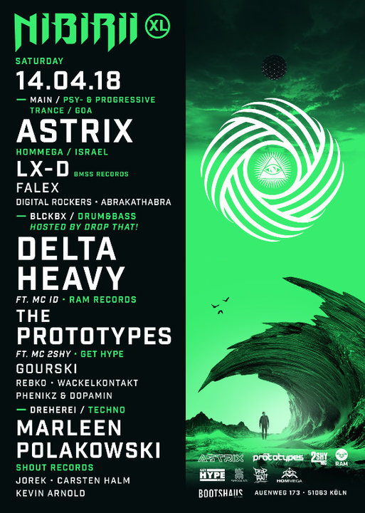 Party Flyer Nibirii XL: Astrix / Delta Heavy, The Prototypes & more 14 Apr '18, 22:00