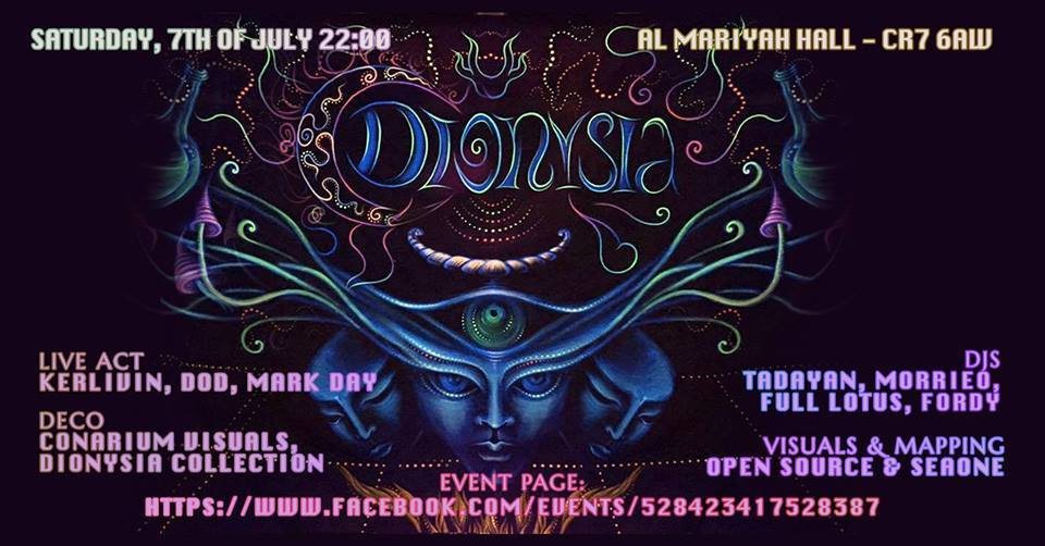 Party Flyer Dionysia with Kerlivin, Morrieo, Tadayan Digital Shiva Power 7 Jul '18, 22:00