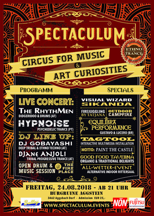 Party Flyer °SPECTACULUM° circus for music - HYPNOISE live, RHYTHMEN live, Djane ANJOLI, .. 24 Aug '18, 21:00