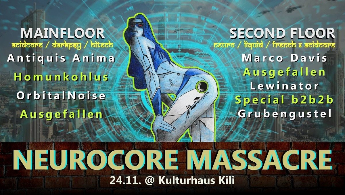 Party Flyer Freeparty Kili - Neurocore Massacre / Hitech & DnB on 2 Floors 24 Nov '18, 23:00