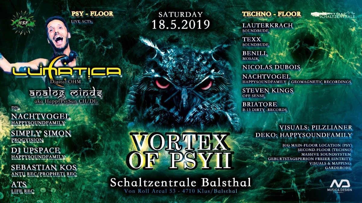 Party Flyer Vortex of Psy 2 /w Lunatica 18 May '19, 22:00