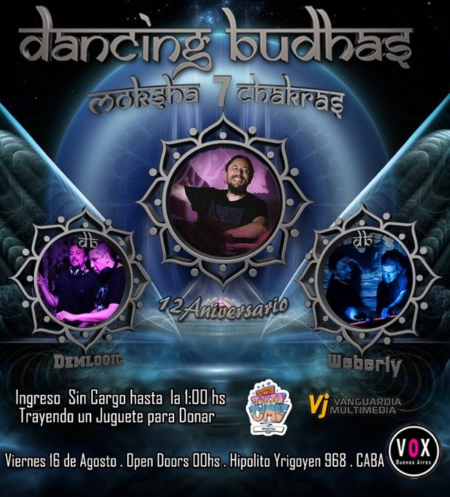 Party Flyer Dancing Budhas features Dj Moksha 7 Chakras 12th Aniversary 16 Aug '19, 23:30