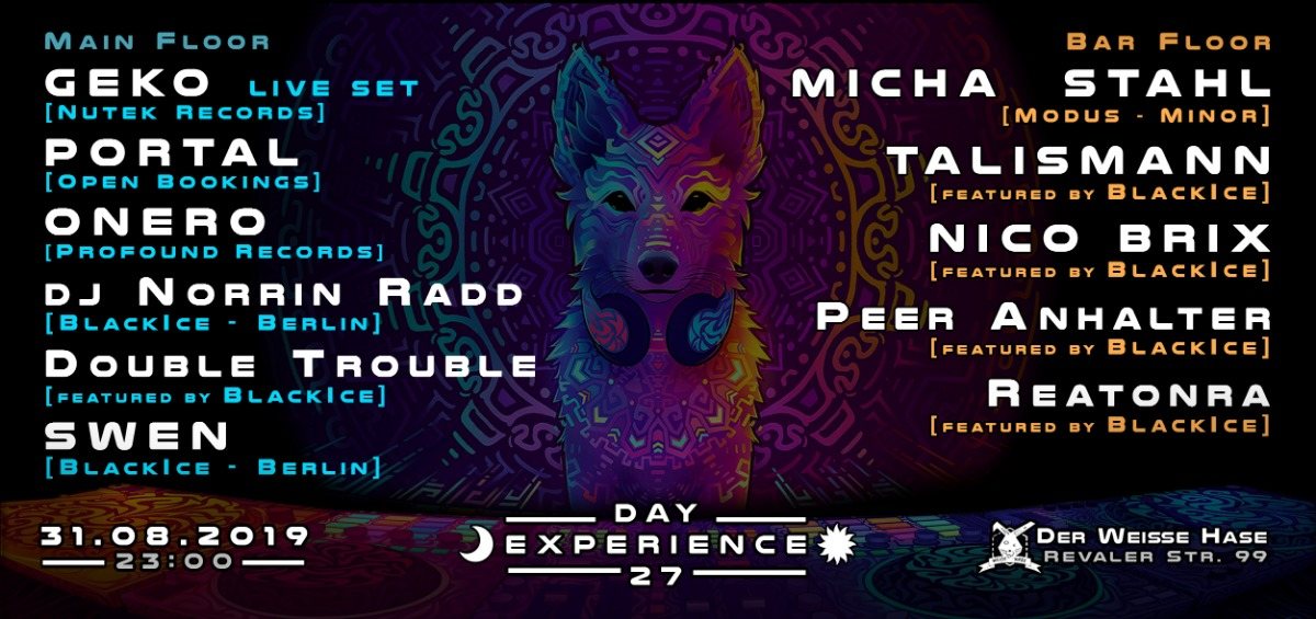 Day Experience 27 w Geko, Portal, Onero, Talismann, Micha Stahl uvm · 31 Aug 19, 23:00