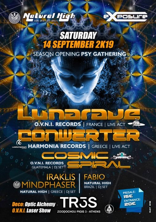 Party Flyer Lunarave / Conwerter & Cosmic Spiral in Athens on Sat 14 Sept !!! 14 Sep '19, 23:30