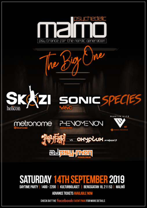 Party Flyer Psychedelic Malmo - Skazi, Sonic Species, Metronome + More 14 Sep '19, 14:00