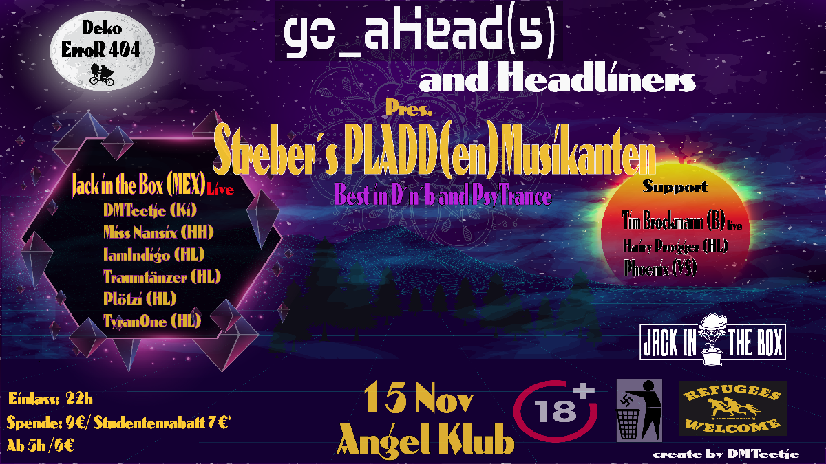 Party Flyer ૐ Streber's PLADD(en)-MUSIKANTEN - Best in D'N'B & PsyTrance ૐ 15 Nov '19, 22:00
