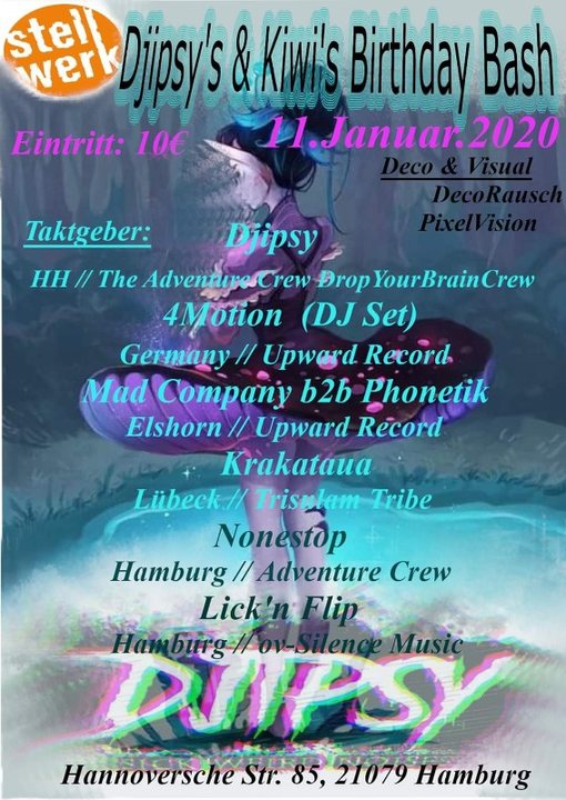 Party Flyer Djipsy's & Kiwi's Birthday Bash 11 Jan '20, 22:00