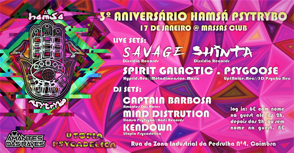 Party Flyer Hamsá Psytrybo 3º Aniversario at Massas Club // Parte 1 17 Jan '20, 23:30