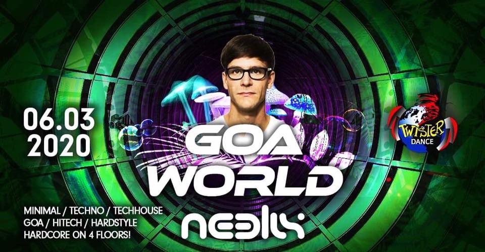 Party Flyer Goa World 2 Jahres Special Neelix Live 4 Floors 6 Mar '20, 22:00