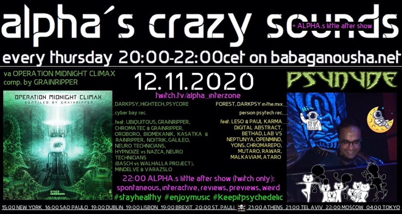Party Flyer alpha.s crazy sounds - va OPERATION MIDNIGHT CLIMAX + PSYNYDE in-the-mix 12 Nov '20, 20:00