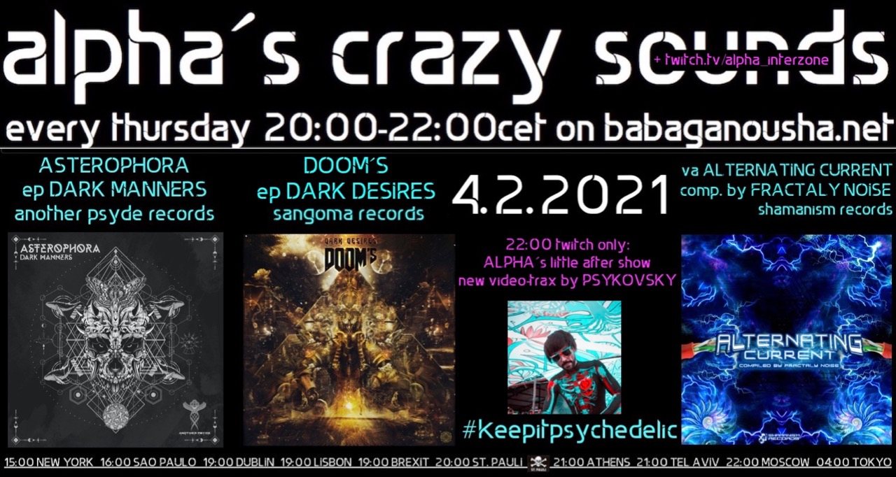 Party Flyer alpha.s crazy sounds: ASTEROPHOBA ep, DOOM´S ep, va ALTERNATING CURRENT 4 Feb '21, 20:00