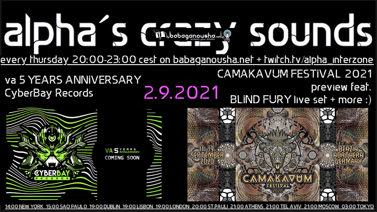 Party Flyer alpha.s crazy sounds: va 5 YEARS ANNIVERSARY CyberBay Rec + BLIND FURY live set 2 Sep '21, 20:00