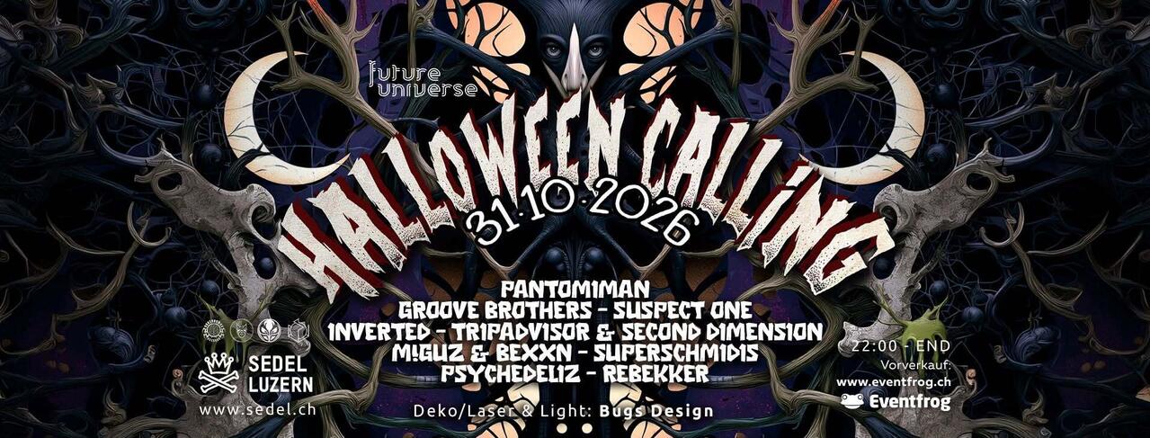 Flyer of HALLOWEEN CALLING 2026 w/ Pantomiman, Groove Brothers, Suspect One and many more