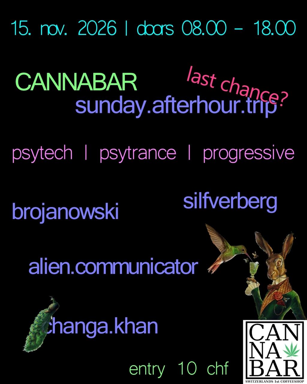 Flyer of sunday afterhour trip @ cannabar bern