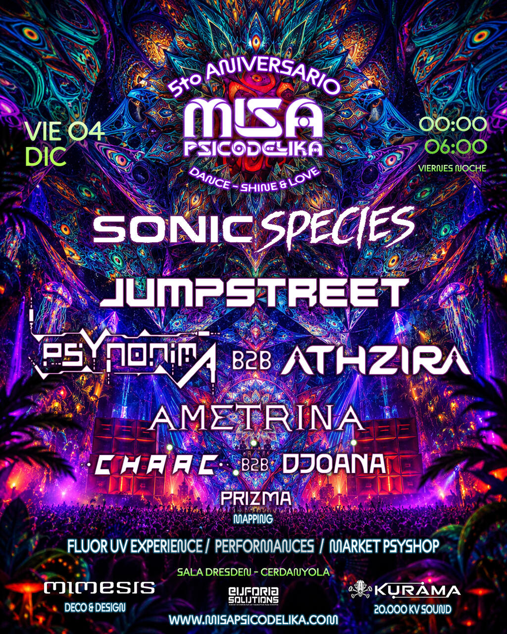 Flyer of 5to Aniversario Misa Psicodelika Barcelona - Sonic Species - Jumpstreet