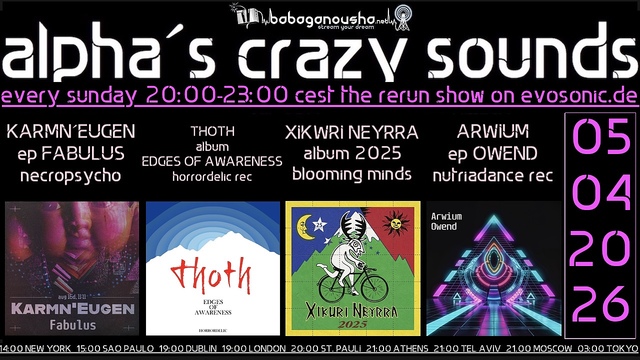alpha.s crazy sounds: downbeat, darkpsy, psycore, hitech · 5 Apr 26, 20:00