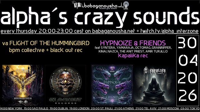 alpha.s crazy sounds: hitech show · 30 abr 26, 20:00
