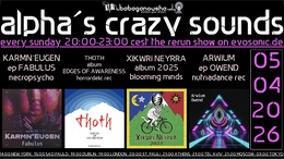 alpha.s crazy sounds: downbeat, darkpsy, psycore, hitech · 5 Apr 26, 20:00